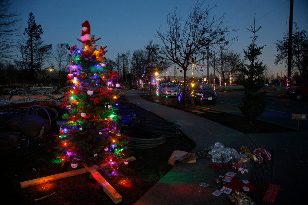 Christmas lights brighten Coffey Park in Santa Rosa, Calif., Tuesday evening, Dec. 12, 2017, two months after a deadly firestorm swept through the tight-knit neighborhood two months ago. (Karl Mondon/Bay Area News Group)