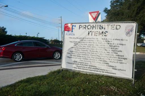 A list of prohibited items near the site set aside for those protesting Richard Spencer at the University of Florida in Gainesville. (Chris McGonigal/HuffPost)