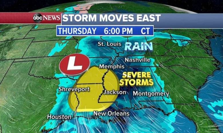 Severe storms are possible in the Deep South on Thursday evening.
					
