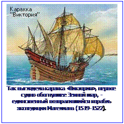 Text Box:  Так выглядела каракка «Виктория», первое судно обогнувшее Земной шар, -единственный возвратившийся корабль экспедиции Магеллана (1519-1522).