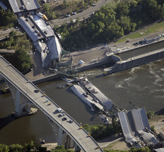 This is the scene of the collapsed I-35 West bridge over the Mississippi River on Thursday.