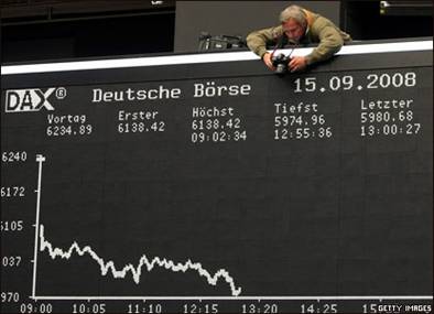 Из-за банкротства Lehman Brothers индекс DAX на Франкфуртской бирже в Германии упал до самого низкого показателя с октября 2006 года