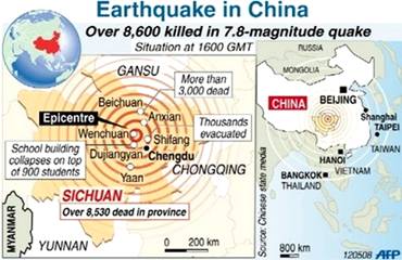 Map of areas affected by the earthquake in China&#39;s Sichuan ...