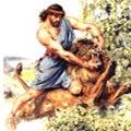 Samson seized the lion and tore it in pieces. Judges 14.6 (Painting by C.E.Brock)