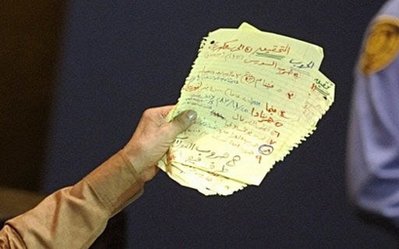 Libyan leader Moamer Kadhafi holds up his notes during his addresse ...